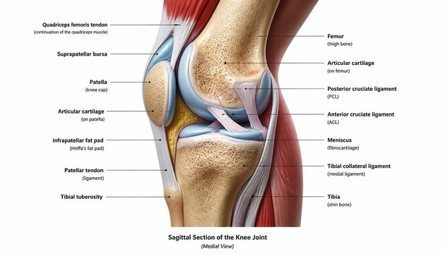 Detailed Sagittal Section of the Human Knee Joint Anatomy Revealing Patella Cartilage Ligaments and Muscular Structure for Medical Education and Scientific Research Visualization