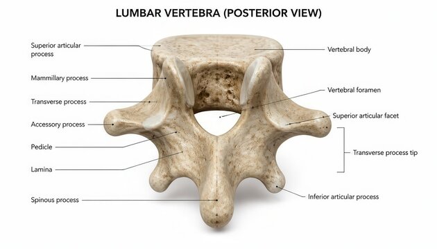 Anatomical Posterior Perspective of a Lumbar Vertebra Revealing Complex Bony Structures Essential for Spinal Support and Movement Scientifically Labeled for Educational Purposes.