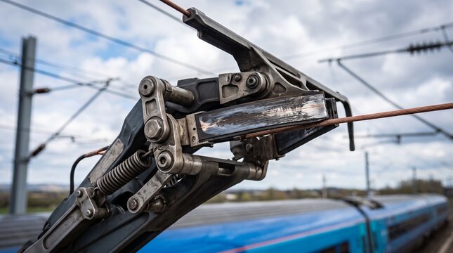 Close up of a train pantograph collecting electricity from overhead wires