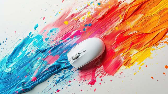 Create a logo showcasing a bright brush stroke and a white wireless mouse splashed with paint on a white background, leaving ample space for text on the right, 