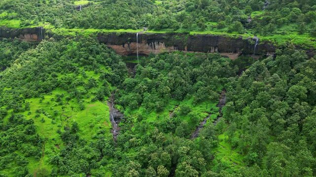 Aerial View of Three Small Waterfalls Side by Side Near Khopoli Maharashtra