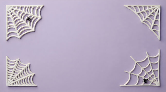 Halloween background with white spider webs in the corners on a light purple surface with copy space