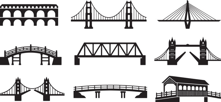 Bridge architecture bridge structures engineering silhouettes icon set