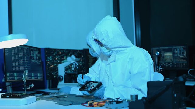 Tech professionals in cleanroom suits perform precise hard drive data recovery and hardware repair in futuristic, blue lit cyber security lab.