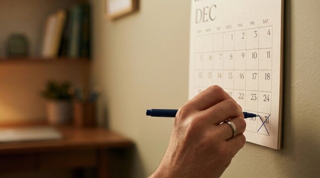 Hand using a dark blue pen to mark the final day of december on calendar