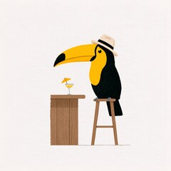 Fototapeta premium Toucan bird wearing a hat drinking a cocktail at a bar