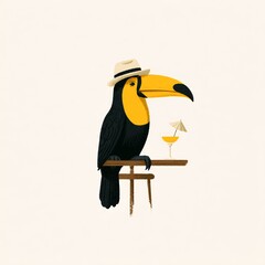 Fototapeta premium Toucan with Fedora Hat and Tropical Cocktail Illustration
