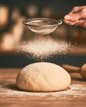 Baking flour sifting over fresh dough on wooden table