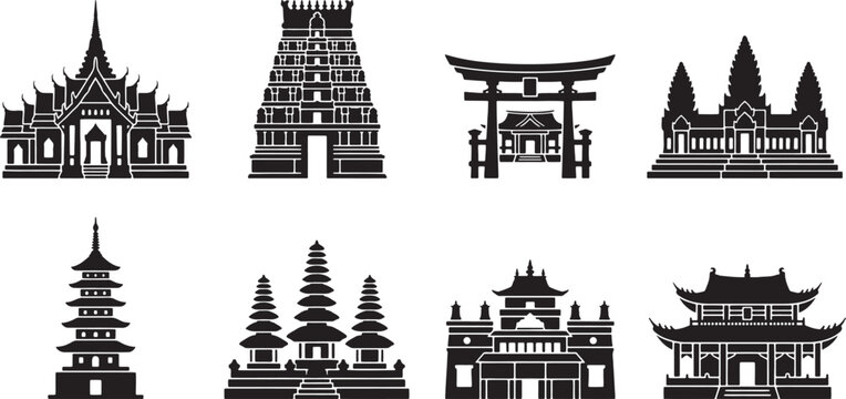 Asian temple world landmarks architectural heritage icons set