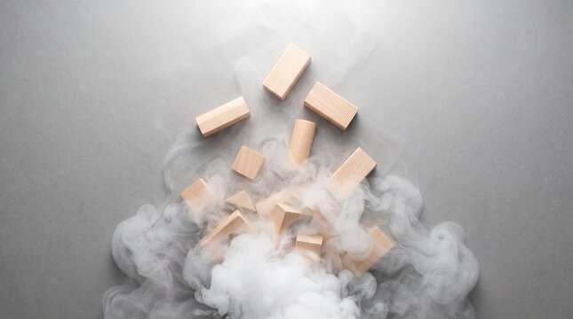 Wooden blocks falling and scattering into a cloud of white smoke
