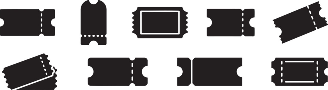 Travel ticket voucher admission coupon silhouette icons set