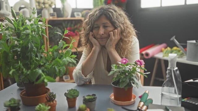Woman florist resting chin on hands beside potted plant and small succulents on a worktable in studio; calm reflection resilience.