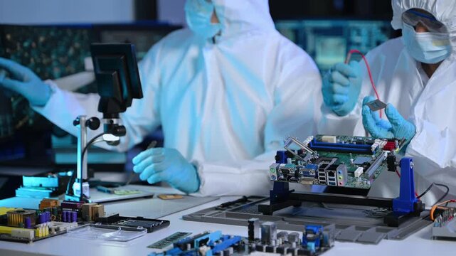 IT engineers in cleanroom suits test and repair a computer motherboard and microchips using a multimeter