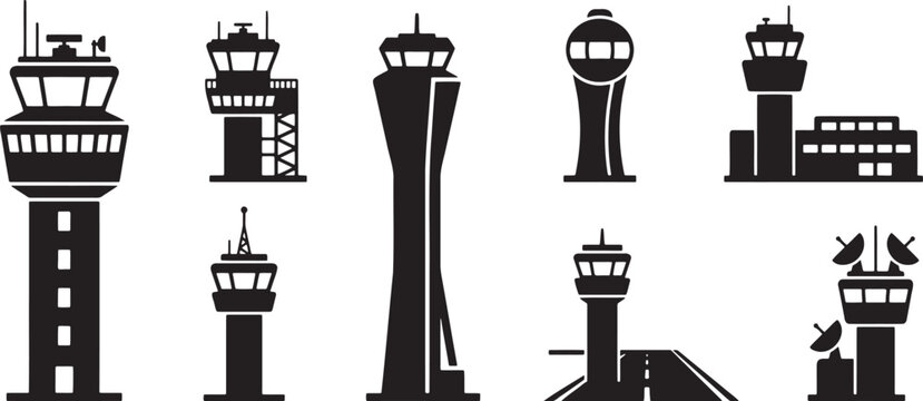 Airport traffic control tower aviation architecture icons set