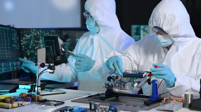 IT engineers in cleanroom suits test and repair a computer motherboard and microchips using a multimeter