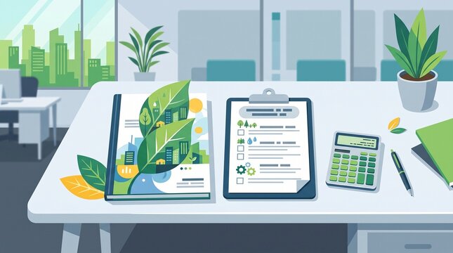 Corporate office desk featuring an environmental report and a sustainability checklist for green business planning with checklist alongside calculator calculator potted plants