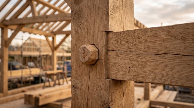 Close up view of a mortise and tenon timber frame joint on a construction site