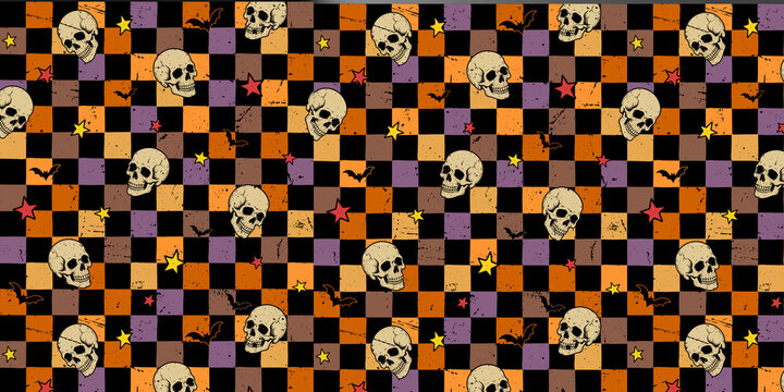 Halloween checkered pattern with skulls and stars. Spooky checkerboard background in orange and purple. Gothic skull seamless texture.