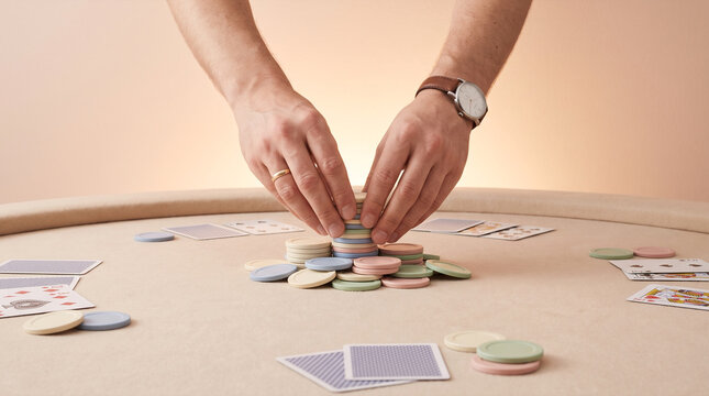 Hands stacking poker chips on a casino table with playing cards