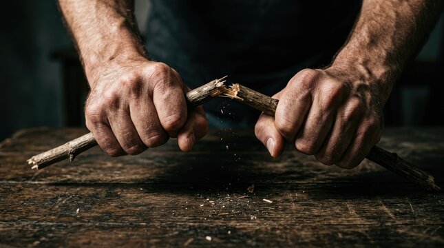 Weathered masculine hands forcefully snap a dry wooden stick apart on an old dark timber surface