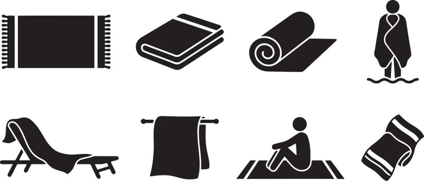 Beach towel lounge chair yoga mat textiles icons set