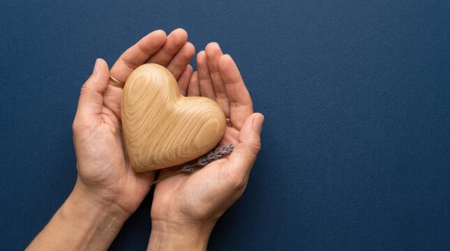 Wooden heart shape resting within gentle human hands on a dark textured blue paper background surface