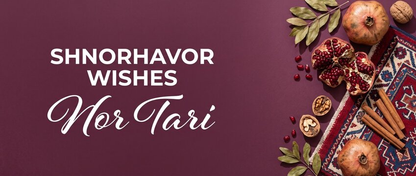 Armenian New Year Nor Tari greeting background with pomegranates, walnuts, cinnamon sticks, traditional rug, and Shnorhavor wishes text for festive winter holiday banner card celebrating culture.