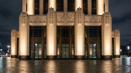 Fototapeta premium Art deco style building facade illuminated at night. Elegant geometric ornaments and tall windows of luxury architecture. Retro urban landmark with night lighting on empty city square.