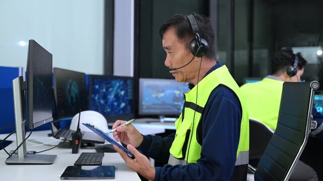 A senior operator in a safety vest uses a headset and clipboard to manage global network data and transportation