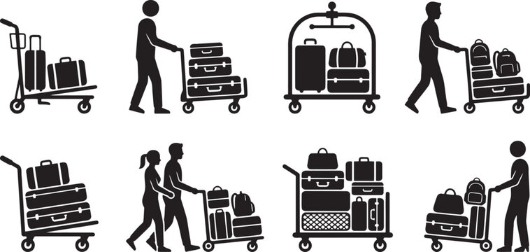 Bellhop porter with luggage cart service icons set