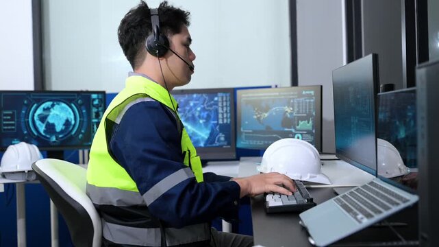 Asian engineer in headset analyzes radar screens and takes notes in a high-tech control room,