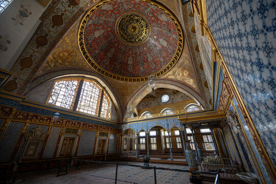 Istanbul,turkey,august 3, 2025. Grand imperial hall of topkapi harem in istanbul, ornate golden blue dome and intricate iznik tilework, historic ottoman grandeur