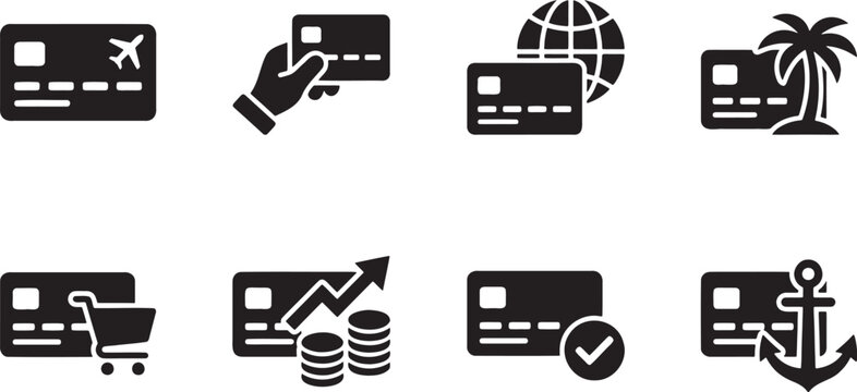 Credit card payment and international transaction icons set
