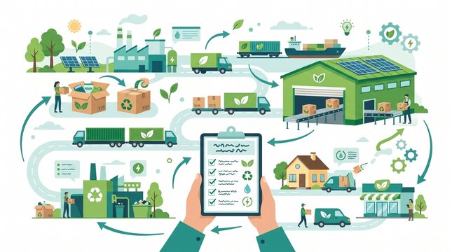 A pair of hands holding a clipboard illustrating a sustainable green supply chain management process with Hands hold clipboard checklist overlaid illustrated workflow eco friendly manufacturing