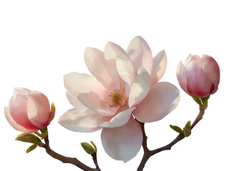 Light pink magnolia flowers, buds, sprigs and leaves. Seamless border of spring blossom. Floral watercolor with transparent background. A flower that's famous for its fragrant and elegant scent. © Betric