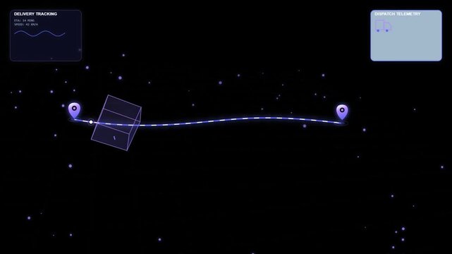 Digital delivery tracking interface with a glowing parcel box moving along a path on a dark futuristic map screen for logistics and supply chain management technology 4k Motion Video