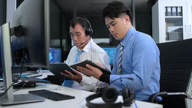 Two Asian male operators analyze global shipping and harbor data on digital screens. Teamwork