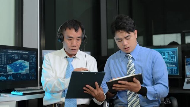 Two Asian male operators analyze global shipping and harbor data on digital screens. Teamwork