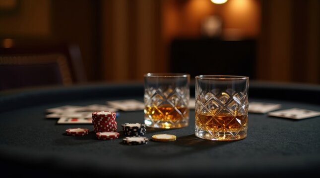Mesa de casino de lujo con terciopelo negro, fichas de p&oacute;quer de oro pulido, vaso de whisky de cristal y ambiente c&aacute;lido