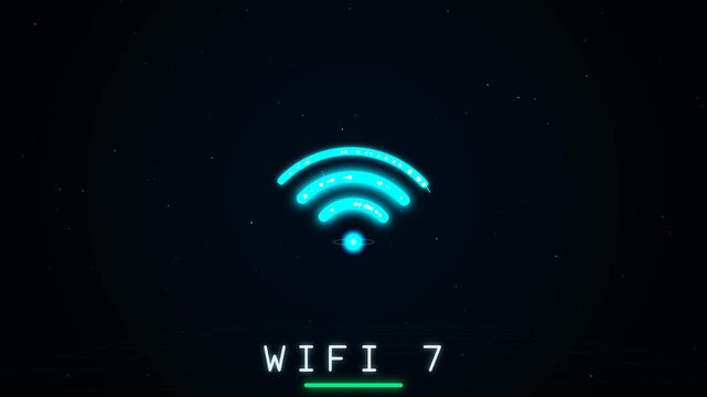 Glowing blue neon wifi 7 signal icon on a dark black background representing high speed wireless internet connection technology and modern digital network communication 4k Motion Video