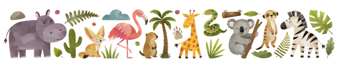 Fototapeta premium Watercolor border with wild jungle animals, palm leaves. African safari animals divider. Hippopotamus, giraffe, zebra, flamingo