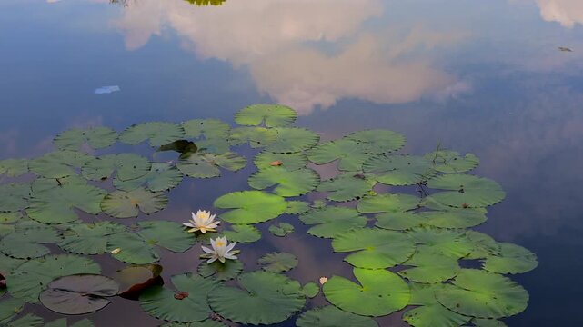 公園の池に美しく開花した白いハスの花と緑の葉, Beautiful white lotus flower blooming in a park pond 