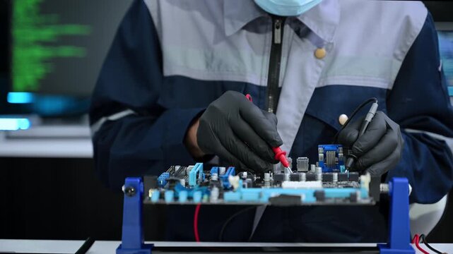  Asian engineer in safety gear tests a PC motherboard using a multimeter. High tech electronics repair and hardware maintenance concept.