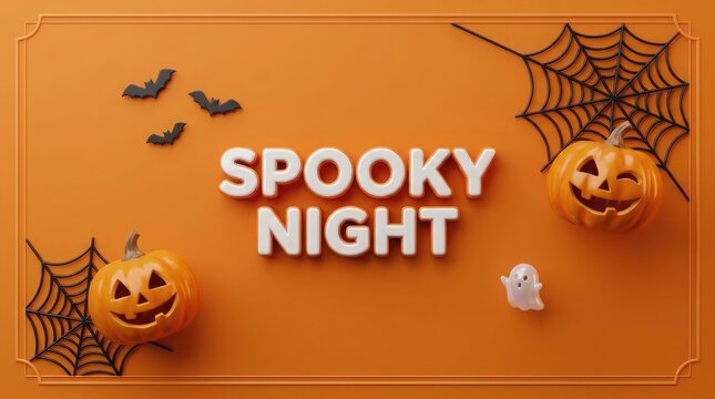 Festive halloween background featuring spooky pumpkins and cobwebs with the bold text spooky night on orange surface