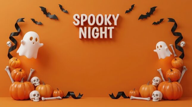 Festive halloween background featuring cute ghosts pumpkins bats and skulls with a spooky night text sign