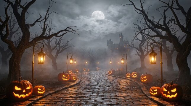 Spooky halloween pathway with glowing jack o lanterns and mysterious fog under a full moon at night