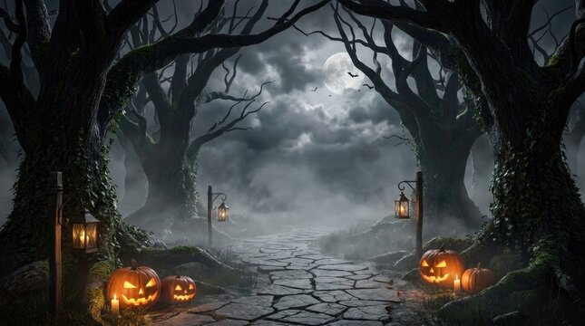 Spooky halloween forest path with glowing jack o lanterns and mysterious fog under a dark night sky