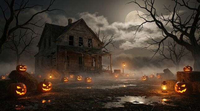 Spooky haunted house with glowing jack o lanterns in a foggy yard for a dark halloween night