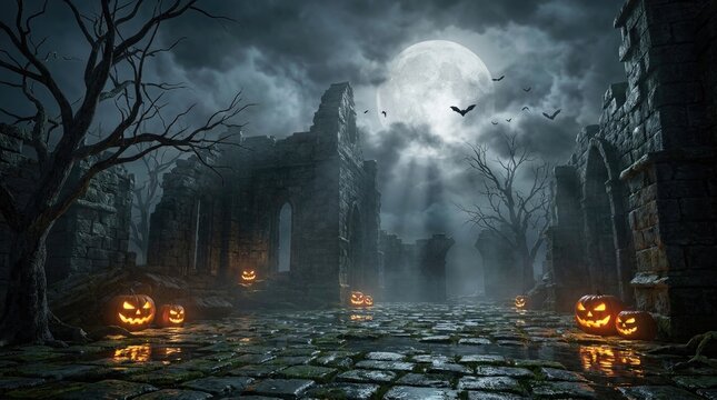 Spooky abandoned house at night with glowing jack o lanterns for a dark halloween themed background scene