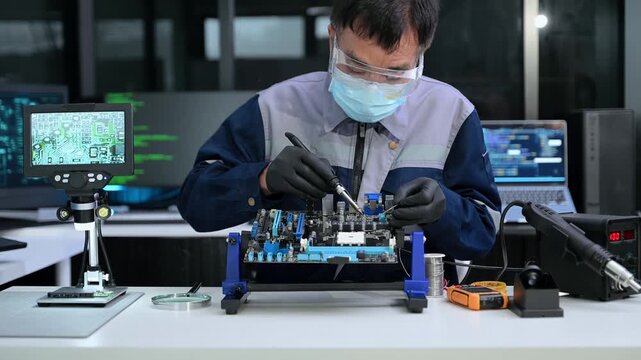 Asian technician in safety gear solders a computer motherboard in a modern lab. Electronics repair, microchip maintenance, and hardware engineering concept.